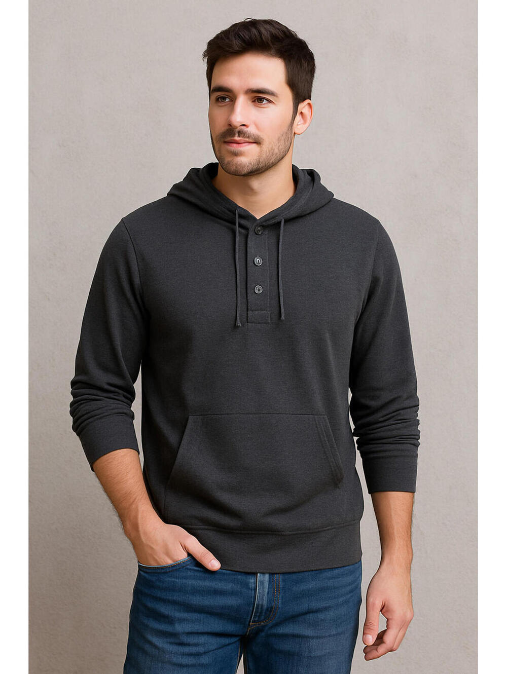 Falls Creek Men’s Henley Hoodie – Dark Gray Long Sleeve Pullover